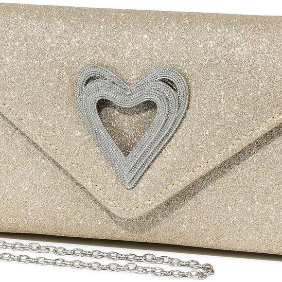 Elegant Heart-Accent Clutch for Women - Sparkly Evening Bag, Ideal for Weddings, - Picture 1 of 8